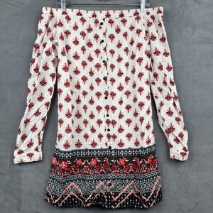 Xhilaration White Floral‎ Off Shoulder Dress Long Sleeve Boho Casual Medium
